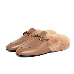 Vertundy Damen-Pantoletten mit niedrigem Absatz, flache Leder-Slipper, rückenfrei, Sandalen für Mädchen, Arbeitsschuhe, Aprikosen-Fell., 38.5 EU von Vertundy