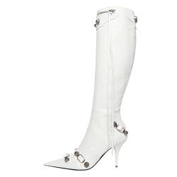 Vertundy Kniehohe Damenstiefel – spitzer Zehenbereich, Stiletto-Absatz, Reißverschluss, lange Stiefel, Nieten, schmale Quaste, Kleid, Stiefel für Damen, sexy, Weiss/opulenter Garten, 38.5 EU von Vertundy