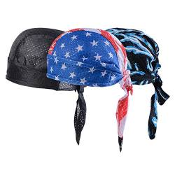 Vertvie 3 Stück Kopftuch Atmungsaktiv Sports Bandana Cap Bikertuch Bandanas Hat Radfahren Mütze Herren Damen (One Size, Schwarz + Flaggenprint + Blitzdruck) von Vertvie