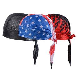 Vertvie 3 Stück Kopftuch Atmungsaktiv Sports Bandana Cap Bikertuch Bandanas Hat Radfahren Mütze Herren Damen (One Size, Schwarz + Flaggenprint + Flammendruck) von Vertvie