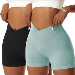 Vertvie Damen 2/3/5 Pack Gym Shorts V Cross Scrunch Butt Push Up Yoga Shorts Stretch Fitness Hosen High Waist Nahtlos Kurz Leggings Butt Lift Workout Booty Sportshorts (2pc Schwarz/Eggshell Blau, M) von Vertvie