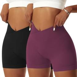 Vertvie Damen 2/3/5 Pack Gym Shorts V Cross Scrunch Butt Push Up Yoga Shorts Stretch Fitness Hosen High Waist Nahtlos Kurz Leggings Butt Lift Workout Booty Sportshorts (2pc Schwarz/Maulbeeren Lila, S) von Vertvie