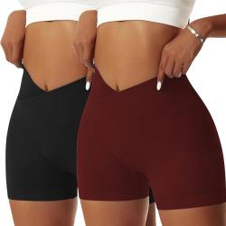 Vertvie Damen 2/3/5 Pack Gym Shorts V Cross Scrunch Butt Push Up Yoga Shorts Stretch Fitness Hosen High Waist Nahtlos Kurz Leggings Butt Lift Workout Booty Sportshorts (2pc Schwarz/Ziegelrot, XS) von Vertvie