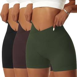 Vertvie Damen 2/3/5 Pack Gym Shorts V Cross Scrunch Butt Push Up Yoga Shorts Stretch Fitness Hosen High Waist Nahtlos Kurz Leggings Butt Lift Workout Sportshorts(3pc Schwarz/Armeegrün/Dunkelbraun, M) von Vertvie