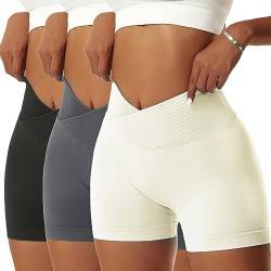 Vertvie Damen 2/3/5 Pack Gym Shorts V Cross Scrunch Butt Push Up Yoga Shorts Stretch Fitness Hosen High Waist Nahtlos Kurz Leggings Butt Lift Workout Sportshorts (3pc Schwarz/Dunkelgrau/Beige, M) von Vertvie