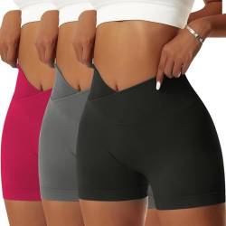 Vertvie Damen 3 Pack Gym Shorts V Cross Scrunch Butt Push Up Yoga Shorts Stretch Fitness Hosen High Waist Nahtlos Kurz Leggings Butt Lift Workout Booty Sportshorts (3pc Schwarz/Dunkelgrau/Rot, S) von Vertvie