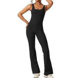 Vertvie Damen Ärmellos Rückenfrei Jumpsuit Eng Yoga Bodysuit Lang Romper Overall mit V Rücken Bootcut-Hose Einteiler Stretch Bodycon Strampler Sexy Playsuits Leggings Sportanzug(L,Schwarz) von Vertvie