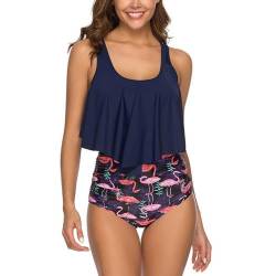 Vertvie Damen Bikini Set Neckholder Ruffles Strap Badeanzug High Waist Zweiteiler Swimsuits top + Hose Tankini Push Up Beachwear(Flamingo 1,XL) von Vertvie