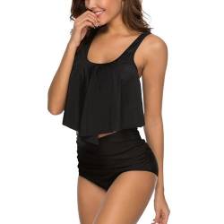 Vertvie Damen Bikini Set Neckholder Ruffles Strap Badeanzug High Waist Zweiteiler Swimsuits top + Hose Tankini Push Up Beachwear(Voll Schwarz 1,L) von Vertvie