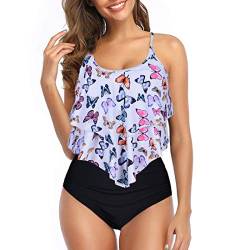 Vertvie Damen Bikini Set Neckholder Ruffles Strap Badeanzug High Waist Zweiteiler Swimsuits top + Hose Tankini Push Up Beachwear(Z-Weiß Schmetterling,XXL) von Vertvie