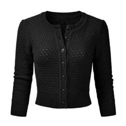 Vertvie Damen Bolero Kurze Strickjacke 3/4 Ärmel Cardigan Elegante Jacke Rundhalsausschnitt Stricken Strickweste mit Knopf(L, Schwarz) von Vertvie