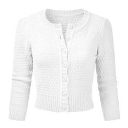 Vertvie Damen Bolero Kurze Strickjacke 3/4 Ärmel Cardigan Elegante Jacke Rundhalsausschnitt Stricken Strickweste mit Knopf(M, Elfenbeinweiß) von Vertvie