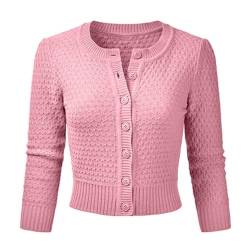 Vertvie Damen Bolero Kurze Strickjacke 3/4 Ärmel Cardigan Elegante Jacke Rundhalsausschnitt Stricken Strickweste mit Knopf(M, Hellrosa) von Vertvie