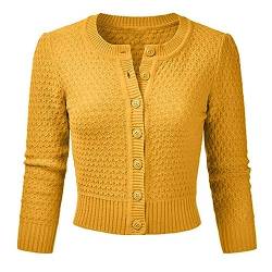 Vertvie Damen Bolero Kurze Strickjacke 3/4 Ärmel Cardigan Elegante Jacke Rundhalsausschnitt Stricken Strickweste mit Knopf(M, Honig Farbe) von Vertvie