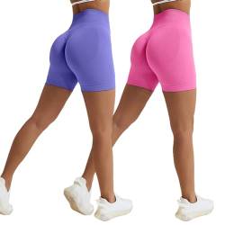 Vertvie Damen Gym Shorts Booty Scrunch High Wasit Sport Shorts Nahtlose Sporthose Kurz Leggings Workout Shorts Push Up Radlershorts Fitness Laufen(2pc/Rosa/Violett,S) von Vertvie