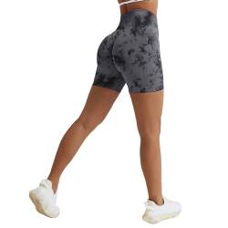 Vertvie Damen Gym Shorts Booty Scrunch High Wasit Sport Shorts Nahtlose Sporthose Kurz Leggings Workout Shorts Push Up Radlershorts Fitness Laufen(Tie Dye/Schwarz,XS) von Vertvie