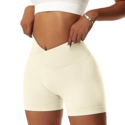 Vertvie Damen Gym Shorts V Cross Stretch Push Up Yoga Shorts Booty Scrunch Fitness Hosen Kurz High Waist Nahtlos Workout Sportshorts Butt Lift Kurze Leggings Sommer (Beige,S) von Vertvie