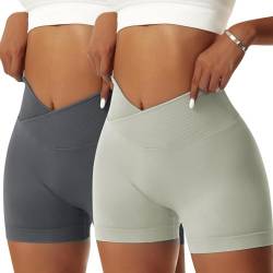 Vertvie Damen Gym Shorts V Cross Stretch Push Up Yoga Shorts Booty Scrunch Fitness Hosen Kurz High Waist Nahtlos Workout Sportshorts Butt Lift Kurze Leggings Sommer (Dunkelgrau/Grau Grün, M) von Vertvie