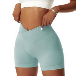 Vertvie Damen Gym Shorts V Cross Stretch Push Up Yoga Shorts Booty Scrunch Fitness Hosen Kurz High Waist Nahtlos Workout Sportshorts Butt Lift Kurze Leggings Sommer (Eggshell Blau, L) von Vertvie