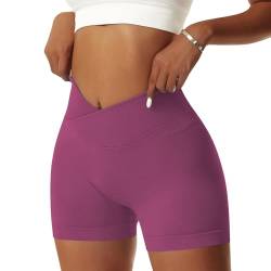 Vertvie Damen Gym Shorts V Cross Stretch Push Up Yoga Shorts Booty Scrunch Fitness Hosen Kurz High Waist Nahtlos Workout Sportshorts Butt Lift Kurze Leggings Sommer (Maulbeeren Lila, S) von Vertvie