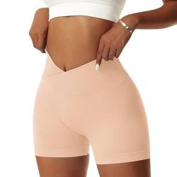 Vertvie Damen Gym Shorts V Cross Stretch Push Up Yoga Shorts Booty Scrunch Fitness Hosen Kurz High Waist Nahtlos Workout Sportshorts Butt Lift Kurze Leggings Sommer (Pfirsich Rosa, M) von Vertvie