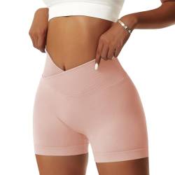 Vertvie Damen Gym Shorts V Cross Stretch Push Up Yoga Shorts Booty Scrunch Fitness Hosen Kurz High Waist Nahtlos Workout Sportshorts Butt Lift Kurze Leggings Sommer (Pfirsich Rosa, S) von Vertvie