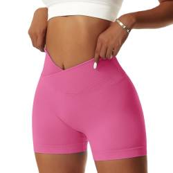 Vertvie Damen Gym Shorts V Cross Stretch Push Up Yoga Shorts Booty Scrunch Fitness Hosen Kurz High Waist Nahtlos Workout Sportshorts Butt Lift Kurze Leggings Sommer (Roserot, L) von Vertvie