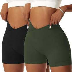 Vertvie Damen Gym Shorts V Cross Stretch Push Up Yoga Shorts Booty Scrunch Fitness Hosen Kurz High Waist Nahtlos Workout Sportshorts Butt Lift Kurze Leggings Sommer (Schwarz/Armeegrün, S) von Vertvie