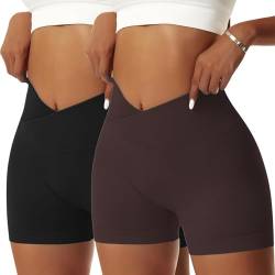 Vertvie Damen Gym Shorts V Cross Stretch Push Up Yoga Shorts Booty Scrunch Fitness Hosen Kurz High Waist Nahtlos Workout Sportshorts Butt Lift Kurze Leggings Sommer (Schwarz/Dunkelbraun, L) von Vertvie