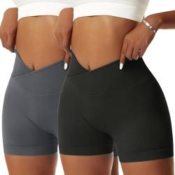 Vertvie Damen Gym Shorts V Cross Stretch Push Up Yoga Shorts Booty Scrunch Fitness Hosen Kurz High Waist Nahtlos Workout Sportshorts Butt Lift Kurze Leggings Sommer (Schwarz/Dunkelgrau, S) von Vertvie