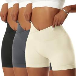 Vertvie Damen Gym Shorts V Cross Stretch Push Up Yoga Shorts Booty Scrunch Fitness Hosen Kurz High Waist Nahtlos Workout Sportshorts Butt Lift Kurze Leggings Sommer (Schwarz/Dunkelgrau/Beige, L) von Vertvie