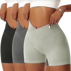 Vertvie Damen Gym Shorts V Cross Stretch Push Up Yoga Shorts Booty Scrunch Fitness Hosen Kurz High Waist Nahtlos Workout Sportshorts Butt Lift Kurze Leggings Sommer (Schwarz/Dunkelgrau/Grau Grün, L) von Vertvie