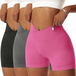 Vertvie Damen Gym Shorts V Cross Stretch Push Up Yoga Shorts Booty Scrunch Fitness Hosen Kurz High Waist Nahtlos Workout Sportshorts Butt Lift Kurze Leggings Sommer (Schwarz/Dunkelgrau/Roserot, L) von Vertvie