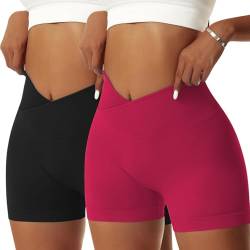 Vertvie Damen Gym Shorts V Cross Stretch Push Up Yoga Shorts Booty Scrunch Fitness Hosen Kurz High Waist Nahtlos Workout Sportshorts Butt Lift Kurze Leggings Sommer (Schwarz/Rot, M) von Vertvie