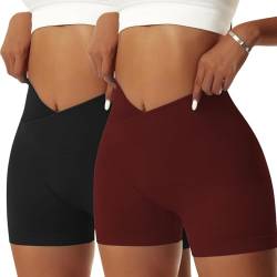 Vertvie Damen Gym Shorts V Cross Stretch Push Up Yoga Shorts Booty Scrunch Fitness Hosen Kurz High Waist Nahtlos Workout Sportshorts Butt Lift Kurze Leggings Sommer (Schwarz/Ziegelrot, L) von Vertvie