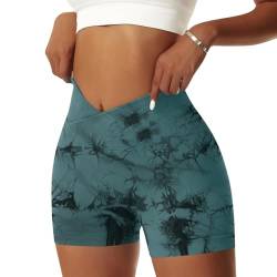 Vertvie Damen Gym Shorts V Cross Stretch Push Up Yoga Shorts Booty Scrunch Fitness Hosen Kurz High Waist Nahtlos Workout Sportshorts Butt Lift Kurze Leggings Sommer (Tie Dye Grün, S) von Vertvie