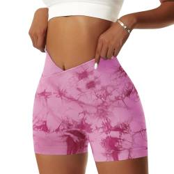 Vertvie Damen Gym Shorts V Cross Stretch Push Up Yoga Shorts Booty Scrunch Fitness Hosen Kurz High Waist Nahtlos Workout Sportshorts Butt Lift Kurze Leggings Sommer (Tie Dye Rosa, L) von Vertvie