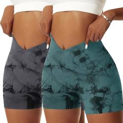 Vertvie Damen Gym Shorts V Cross Stretch Push Up Yoga Shorts Booty Scrunch Fitness Hosen Kurz High Waist Nahtlos Workout Sportshorts Butt Lift Kurze Leggings Sommer (Tie Dye Schwarz/Grün, L) von Vertvie