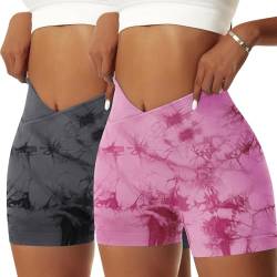 Vertvie Damen Gym Shorts V Cross Stretch Push Up Yoga Shorts Booty Scrunch Fitness Hosen Kurz High Waist Nahtlos Workout Sportshorts Butt Lift Kurze Leggings Sommer (Tie Dye Schwarz/Rosa, XS) von Vertvie