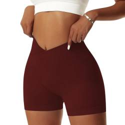 Vertvie Damen Gym Shorts V Cross Stretch Push Up Yoga Shorts Booty Scrunch Fitness Hosen Kurz High Waist Nahtlos Workout Sportshorts Butt Lift Kurze Leggings Sommer (Ziegelrot, M) von Vertvie