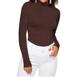 Vertvie Damen High Neck Top Dünne Warm Rollkragenpullover Slim Fit Weich Langarmshirt Basic Rolli Oberteil Hoher Kragen T-Shirt für Herbst Winter (Braun, 3XL) von Vertvie