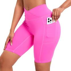 Vertvie Damen Hoher Taille V Cross Radlerhose Blickdicht Knielang Kurz Leggings mit Taschen Stretch Push Up Gym Shorts Workout Sportshorts Nahtlos Fitness Sommer Hose (Roserot, S) von Vertvie