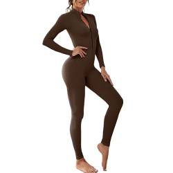 Vertvie Damen Jumpsuit Eng mit Reißverschluss Yoga Overall Body Outfits Playsuit Langarm Bodycon Strampler Sportanzug Fitness Slim Jogginganzug(A-dunkelbraun,S) von Vertvie