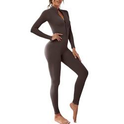 Vertvie Damen Jumpsuit Eng mit Reißverschluss Yoga Overall Body Outfits Playsuit Langarm Bodycon Strampler Sportanzug Fitness Slim Jogginganzug(A-kaffee,L) von Vertvie