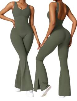 Vertvie Damen Jumpsuit Flared Eng Bodysuit Sexy Scrunch Butt Rückenfrei Ärmellose Sport Playsuit Overall One Piece Lang Ganzkörperanzug Romper Yoga Fitness Workout (Armee Grün,L) von Vertvie