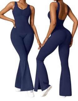 Vertvie Damen Jumpsuit Flared Eng Bodysuit Sexy Scrunch Butt Rückenfrei Ärmellose Sport Playsuit Overall One Piece Lang Ganzkörperanzug Romper Yoga Fitness Workout (Blau,M) von Vertvie