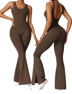 Vertvie Damen Jumpsuit Flared Eng Bodysuit Sexy Scrunch Butt Rückenfrei Ärmellose Sport Playsuit Overall One Piece Lang Ganzkörperanzug Romper Yoga Fitness Workout (Kaffee,L) von Vertvie