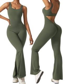 Vertvie Damen Jumpsuit Flared Eng Scrunch Butt Bodysuit Lang Yoga Ärmellos Overall Sport Rückenfrei Einteiler Bootcut Onepiece Ganzkörperanzug Sexy Playsuits Gym Workout Bodycon,Armeegrün,L von Vertvie