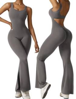 Vertvie Damen Jumpsuit Flared Eng Scrunch Butt Bodysuit Lang Yoga Ärmellos Overall Sport Rückenfrei Einteiler Bootcut Onepiece Ganzkörperanzug Sexy Playsuits Gym Workout Bodycon,Grau,L von Vertvie