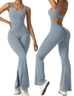 Vertvie Damen Jumpsuit Flared Eng Scrunch Butt Bodysuit Lang Yoga Ärmellos Overall Sport Rückenfrei Einteiler Bootcut Onepiece Ganzkörperanzug Sexy Playsuits Gym Workout Bodycon,Graublau,L von Vertvie